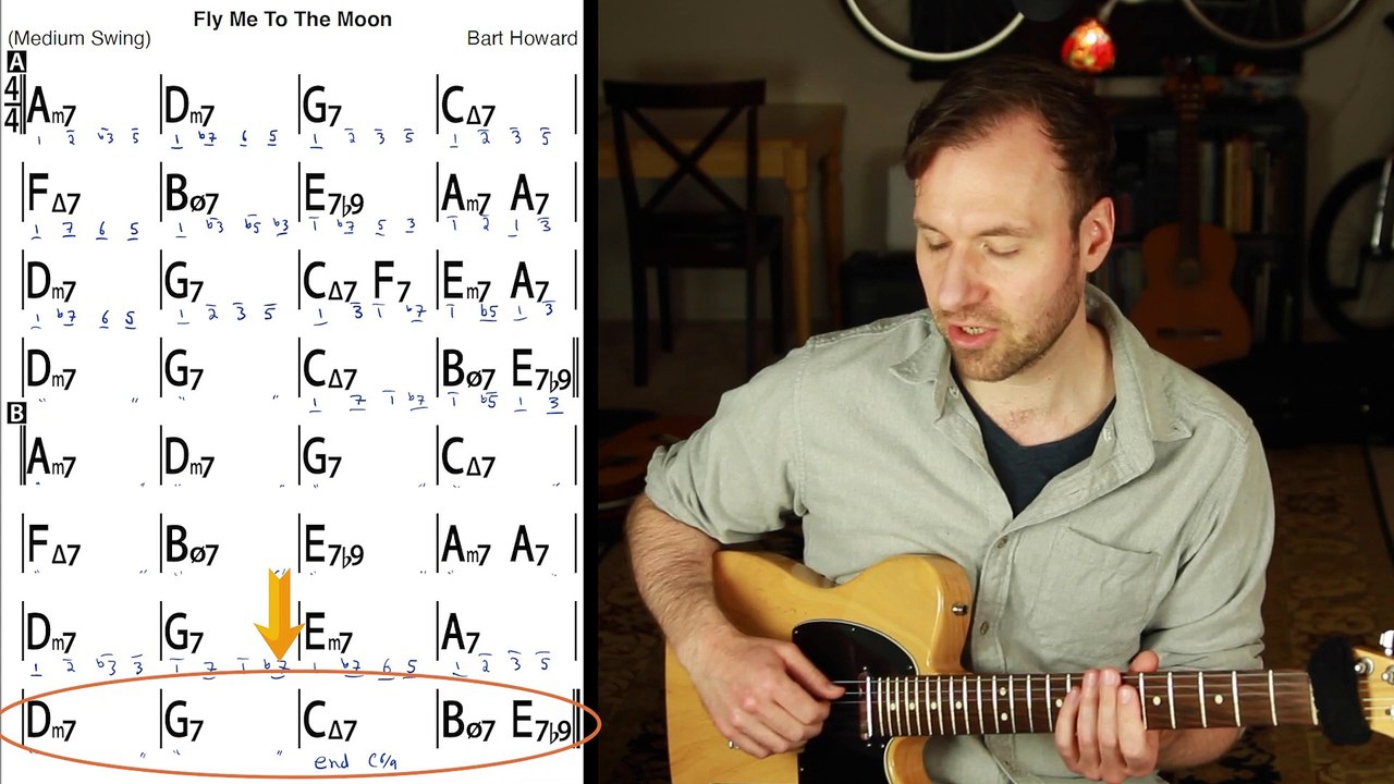 GUITAR LESSON - Fly Me to the Moon Guitar Chords with Walking Bass