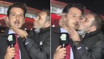 Canlı yayına damga vuran an! Galatasaray taraftarının öptüğü muhabir neye uğradığını şaşırdı