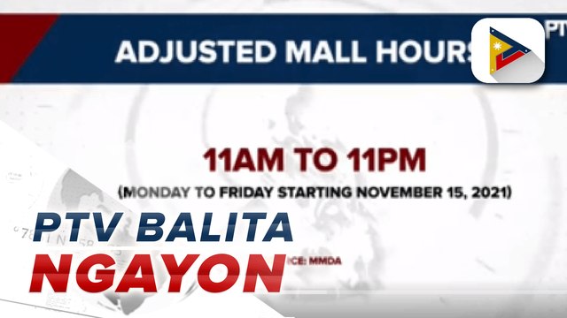 November 7, 2021 / 2:00 p.m. update Weekday mall operating hours sa NCR, 11:00 a.m. hanggang 11:00 p.m. na simula Nob. 15; Sitwasyon ng healthcare utilization sa bansa, bumubuti na ayon sa DOH