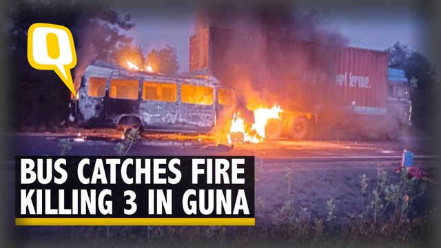 Three Including a Child Dead as Bus Catches Fire After Hitting Parked Truck in Guna, MP