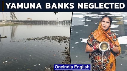 Download Video: Chhath puja: Devotees worship at neglected Yamuna banks, bathe in toxic river | Oneindia News