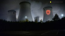 Remembrance Poppy lit up on Drax Power Station