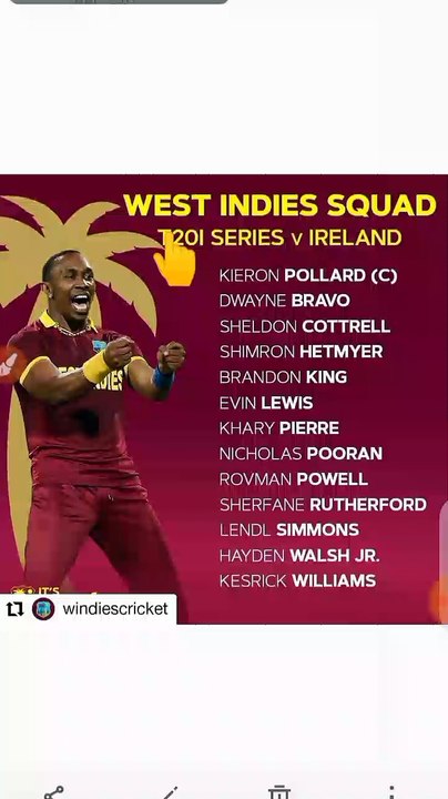 West  Indies Squad T20 Series vs Ireland 2021