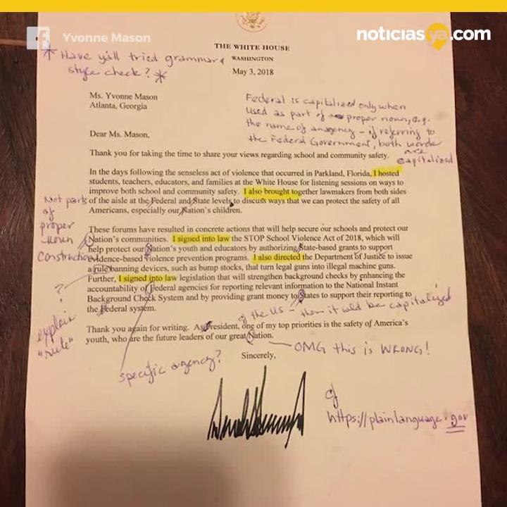 Maestra recibe carta de Trump y la regresa llena de correcciones