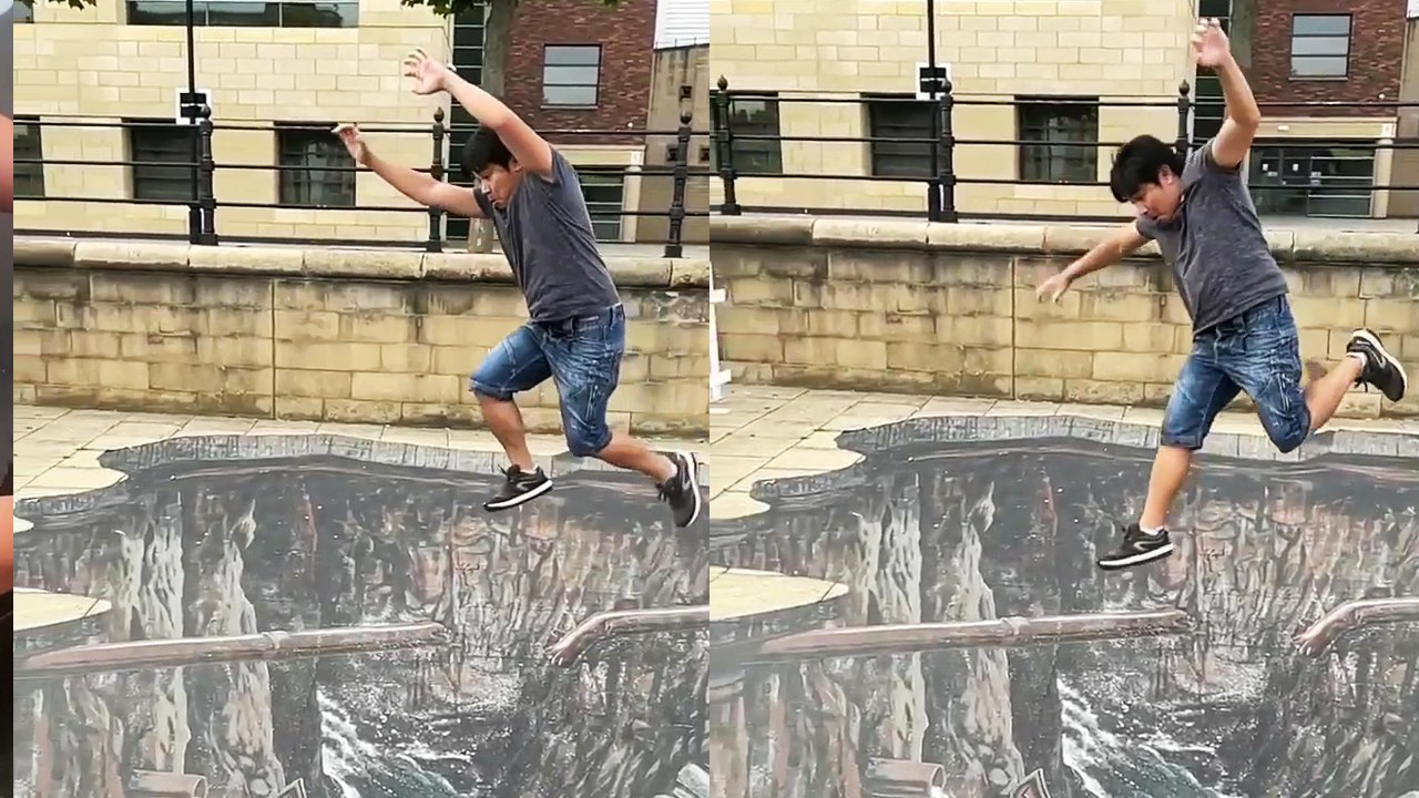 'Boy jumps over HYPER-REALISTIC 3D street art in England '