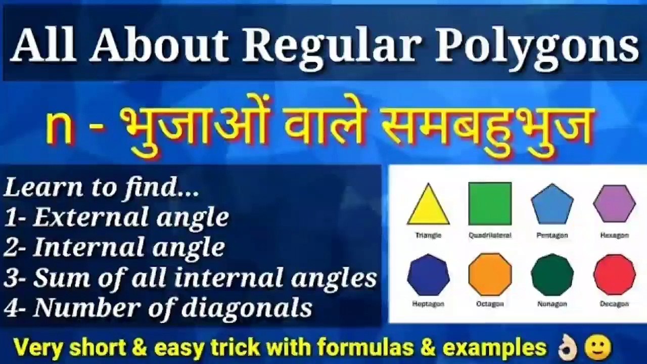 All about n-sides Regular Polygons, n-भुजाओं वाले समबहुभुज का अन्तः कोण, बाह्य कोण, योगफल एवं विकर्णो की संख्या
