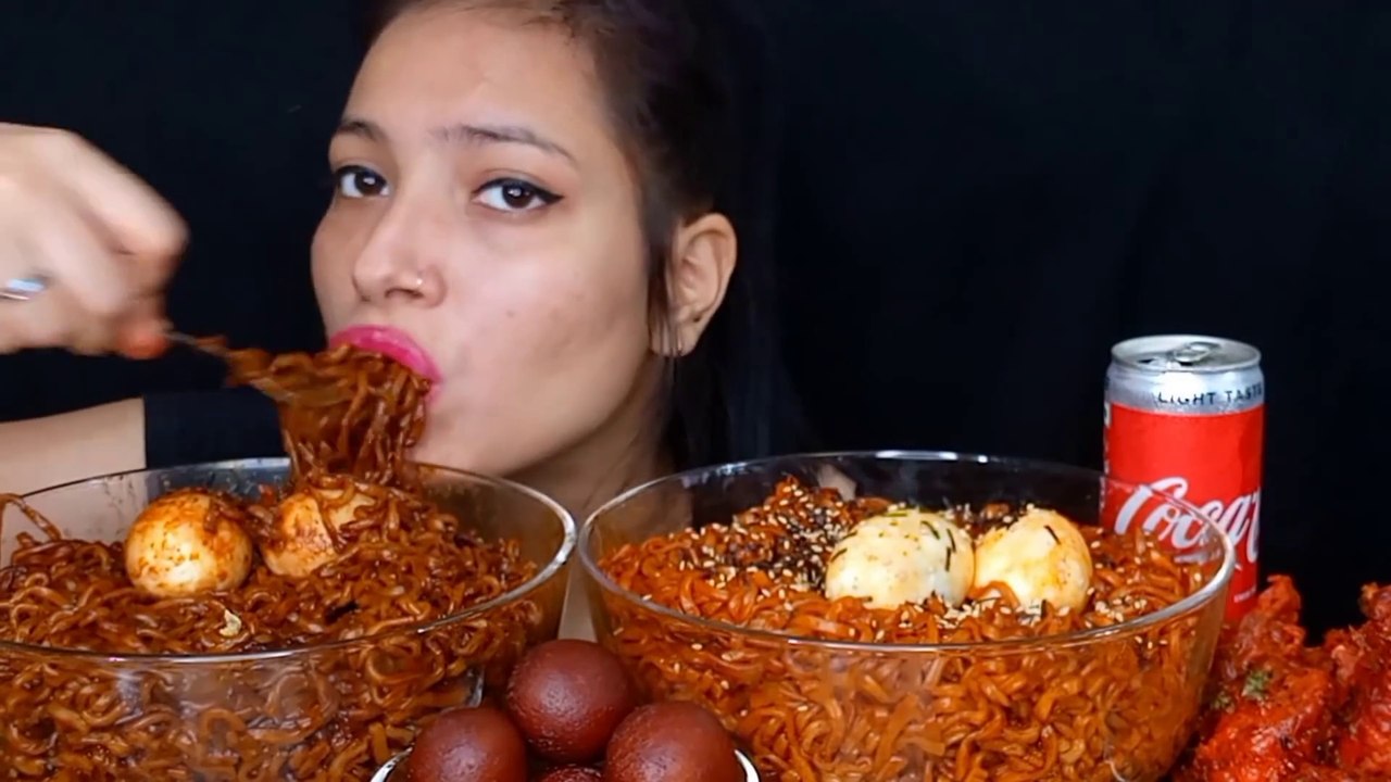Asmr Eating Spicy  Fire Noodles, Spicy Black Bean Noodles, Chicken Lollipop, Gulab Jamun   Asmr Mukbang | Foodie JD