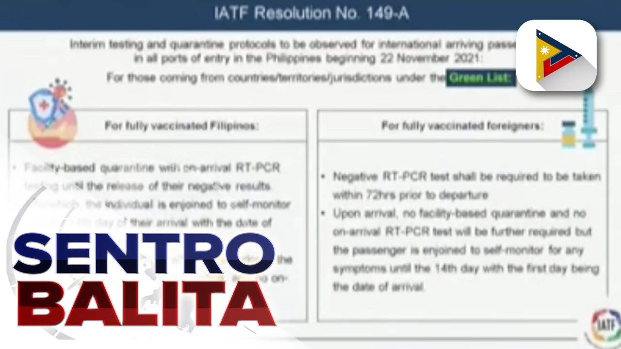Pagpasok sa bansa ng fully vaccinated tourists mula sa mga bansang nasa green list, aprubado na ng IATF ; IATF, nilinaw din na maaaring i-require ng employers ang mga manggagawa na magsuot ng face shield sa ilalim ng Alert Levels 1-3