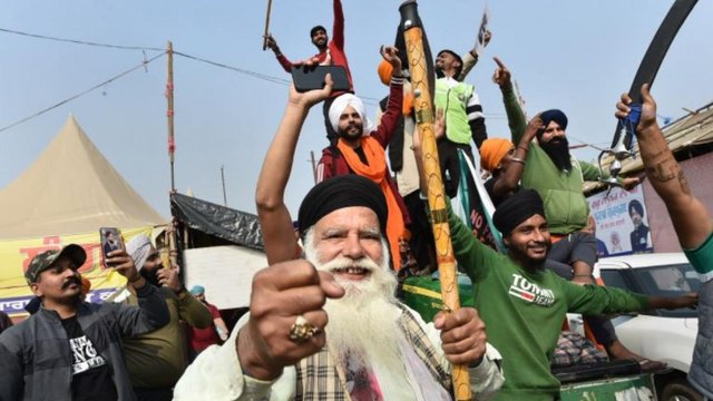 Farmers at Singhu border celebrate after repeal of farm laws