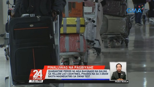 Quarantine period ng mga bakunado na galing sa yellow list countries, pinaiksi na sa 3 araw basta magnegatibo sa swab test; Mga galing sa green list countries, hindi na kailangang mag-quarantine basta negatibo sa swab | 24 Oras