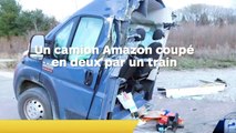 La camionnette d'un livreur Amazon coupée en deux par un train