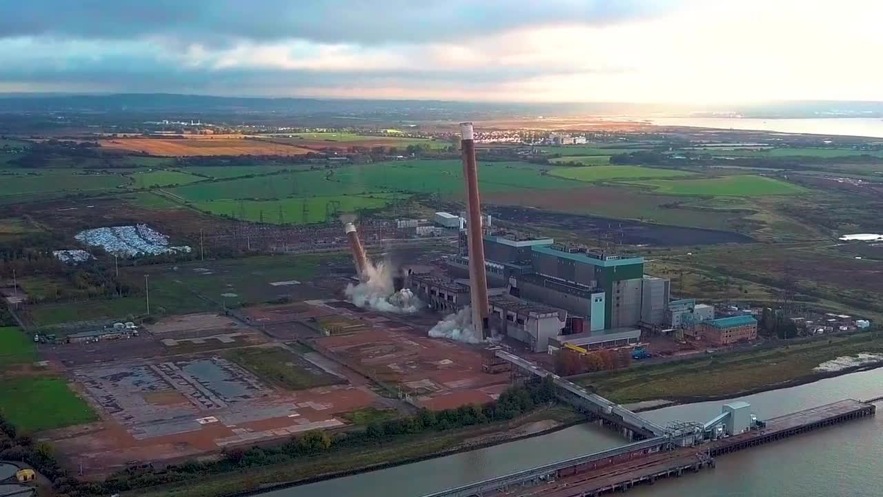 Aerial footage of the Tilbury power station demolition