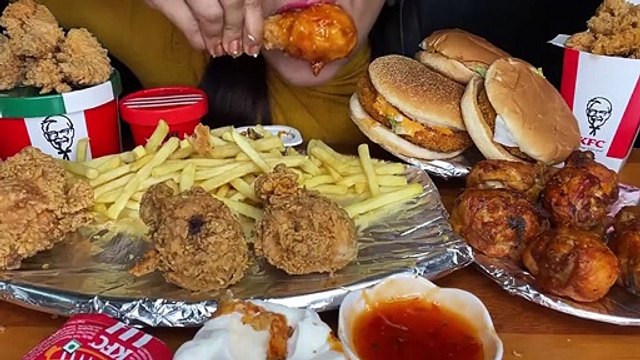 KFC CHICKEN FRIED CHICKEN,CHICKEN LEG PIECE,BURGER,FRENCH FRIES,POPCORN CHICKEN _ASMR EATING_