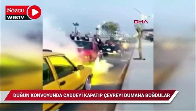 Düğün konvoyunda caddeyi kapatıp çevreyi dumana boğdular