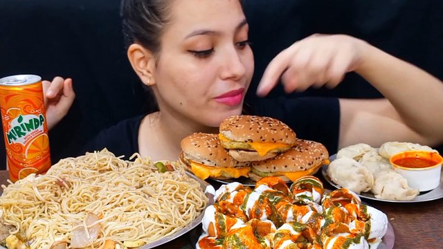 AsmrEating Dahi Golgappe, Masala Dosa burger, Hakka Noodles, Momo Huge Indian Street Food Mukbang Foodie JD
