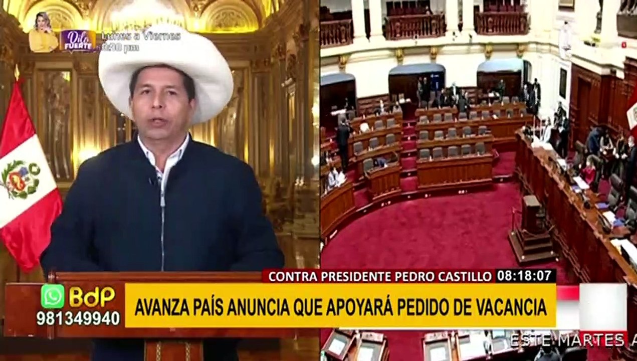 Bancada de Avanza País anuncia que respaldará pedido de vacancia contra presidente Castillo