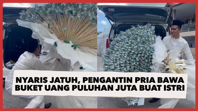 Malah Nyaris Jatuh, Viral Pengantin Pria Ini Bawa Buket Uang Puluhan Juta untuk Istri