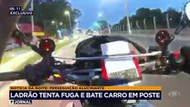 Um bandido tentou fugir da polícia em alta velocidade, perdeu o controle do carro e bateu contra um poste em São Bernardo do Campo, no ABC Paulista.