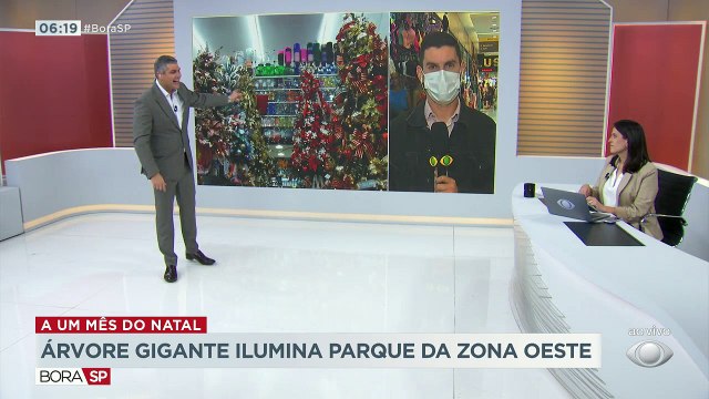 Árvore de natal gigante ilumina o Parque Villa-Lobos, na zona oeste. Dá para ver de longe a estrutura de sessenta e cinco metros de altura, que foi montada sobre a caixa d'água do parque.