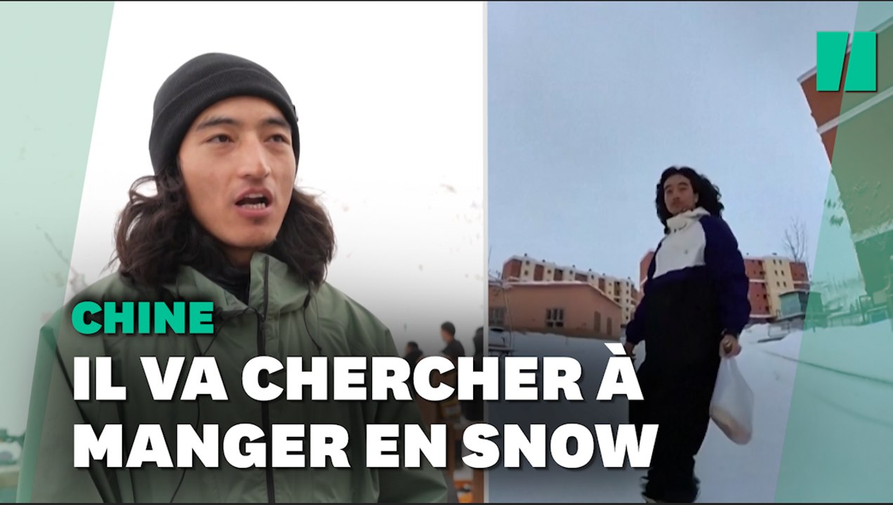 Bloqué par la neige, cet amateur de glisse va chercher son petit-déjeuner en snowboard