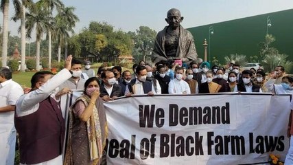 Watch: Congress leaders stage protest in Parliament complex over farm laws issue