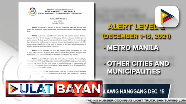 Alert level 2 sa NCR, pinalawig hanggang Dec. 15; Mandatory vaccination at muling paggamit ng face shield, ikinukonsidera ni Pres. Duterte dahil sa banta ng Omicron variant
