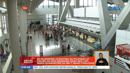 63 Pilipinong dumating sa Pilipinas at galing sa mga bansang nasa red list, naka-quarantine sa iba't ibang pasilidad | UB