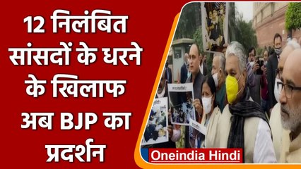 Winter Session: 12 निलंबित सांसदों के धरने के विरोध में BJP MPs ने किया प्रदर्शन | वनइंडिया हिंदी