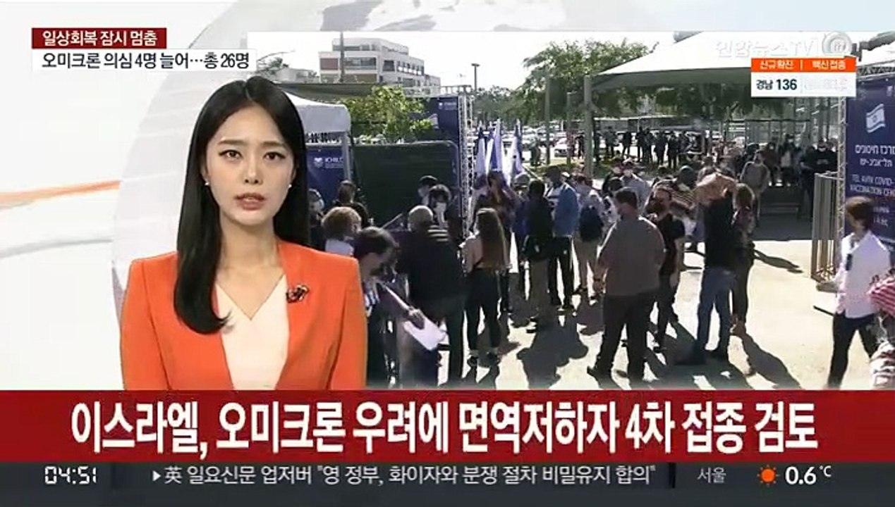 이스라엘, 오미크론 우려에 면역저하자 백신 4차 접종 검토