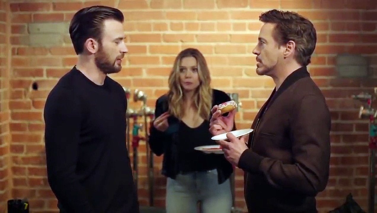 Chris Evans, Robert Downey Jr & Elizabeth Olsen - Tony Steals The Last Donut