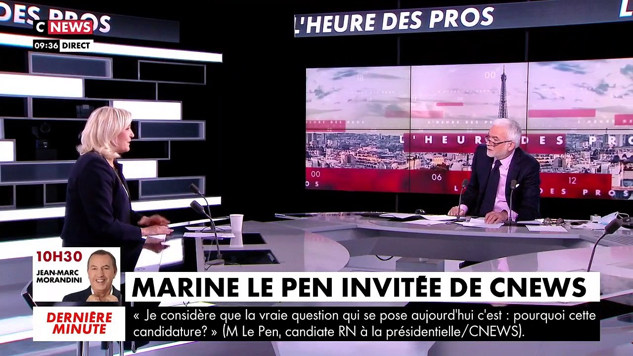 Marine Le Pen, invitée de CNews dans L'Heure des Pros, face à Pascal Praud