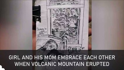 GIRL AND HIS MOM EMBRACE EACH OTHER WHEN VOLCANIC MOUNTAIN ERUPTED