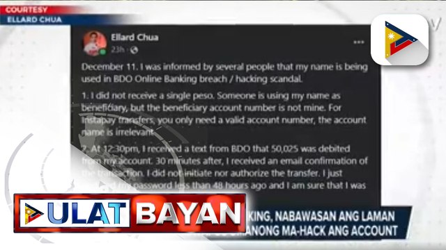 Ilang kliyente ng BDO mobile banking, nabiktima ng hacking; BDO, tiniyak na ire-reimburse ang nawalang halaga sa bank account ng kanilang customers