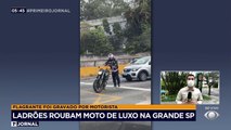 Um motorista gravou a ação de criminosos que roubaram uma moto de luxo no meio de uma avenida em Diadema, na Grande São Paulo.