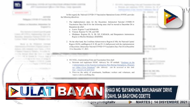 NVOC, ipinagpaliban ang ikalawang bahagi ng ‘Bayanihan, Bakunahan’ drive sa ilang bahagi ng bansa dahil sa bagyong Odette; Vaccination sites sa Davao City, mananatiling bukas