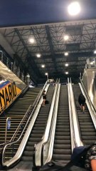 Suitcase Slides Down Escalator