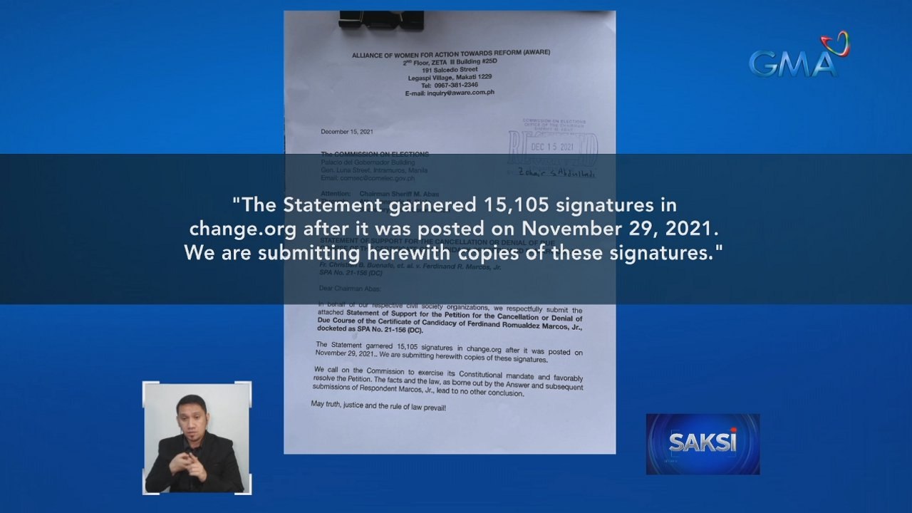 Ilang mga grupo, nagpahayag ng suporta para ipakansela ang kanidatura ni Bongbong Marcos | Saksi