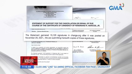 Pahayag na may mahigit 15,000 na pirma bilang suporta sa pagkansela sa COC ni Bongbong Marcos, inihain ng ilang grupo sa Comelec | UB