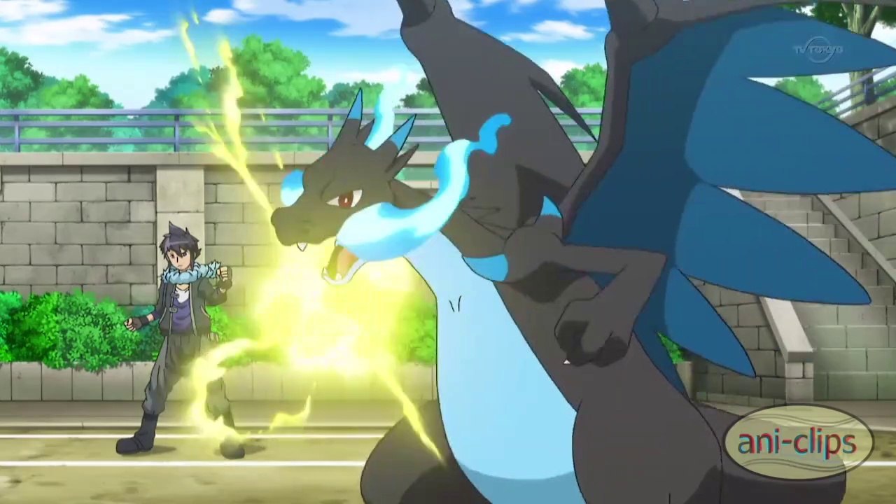 Ash's Greninja vs Alain's Mega Charizard X & First Meet - Pokemon XY&Z