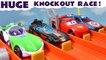 Lightning McQueen Toy Cars from Pixar Cars 3 Racing with The Funlings Cars versus Hot Wheels Cars Giant Knockout in this Family Friendly Full Episode English Video for Kids