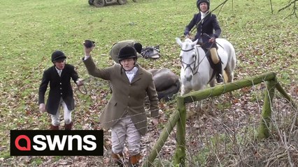 This shocking video shows the moment a hunt saboteur was allegedly knocked to the ground by an 'aggressive' huntsman