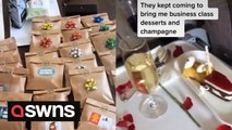 An air passenger treated all 40 members of her cabin crew to handmade, personalised gifts on a Christmas Day flight - and was given a Champagne party in return
