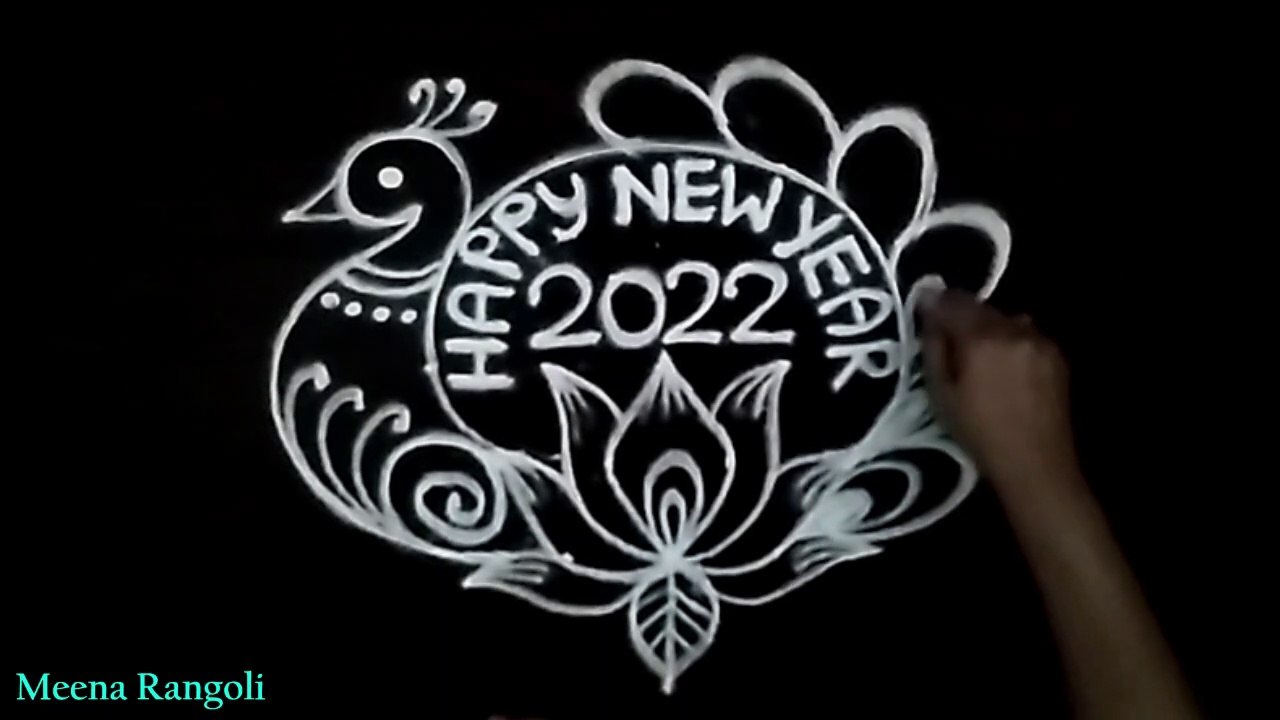 Happy new year 2022 rangoli design with Peacock & Lotus flower ...