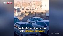 Yola saçılan elmaları askerler topladı