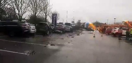 Scene at a Doncaster Premier Inn after a lorry crashes into Sunderland fan's cars