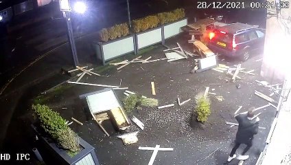 Pub goers leap out of the way in near-miss car crash