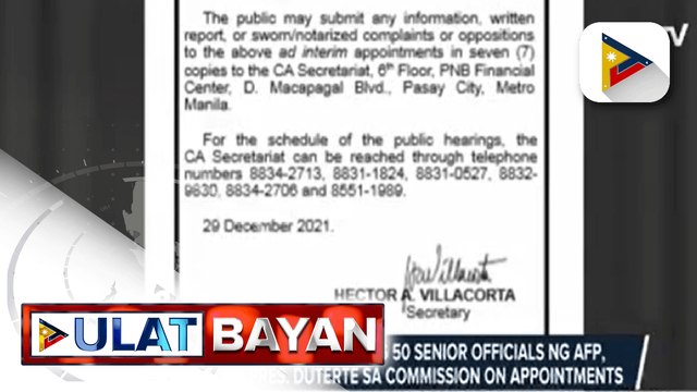 Ad interim appointment ng 50 senior officials ng AFP, isinumite ni Pres. Duterte sa Commission on Appointments