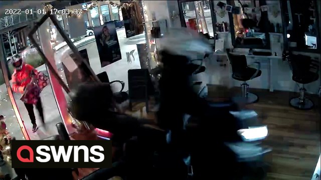 HAIR-RAISING RAM RAID - Smash and grab yobs caught on CCTV ploughing into hair salon on moped before stealing curlers and hair straighteners
