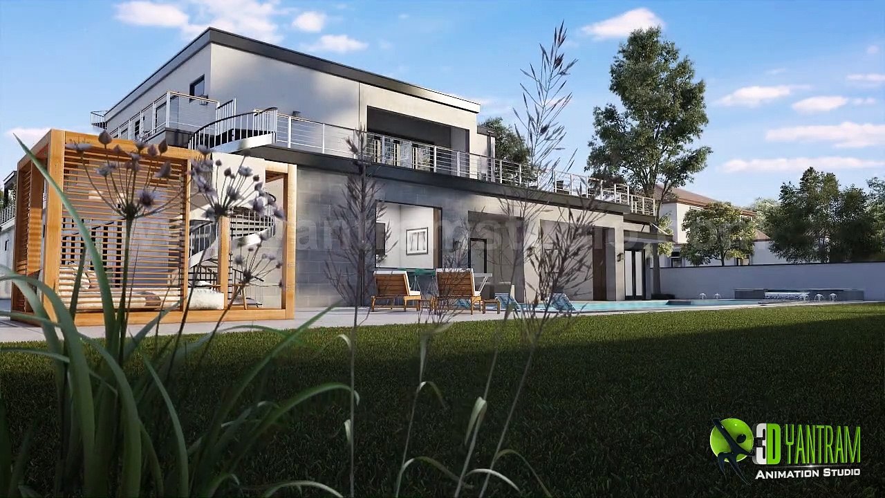 Architectural 3d Walkthrough of House with pool side view by architectural rendering studio, San Diego, California