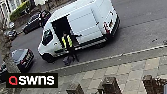 This is the moment a delivery driver appears to dump parcels on a roadside - which were meant as Christmas gifts